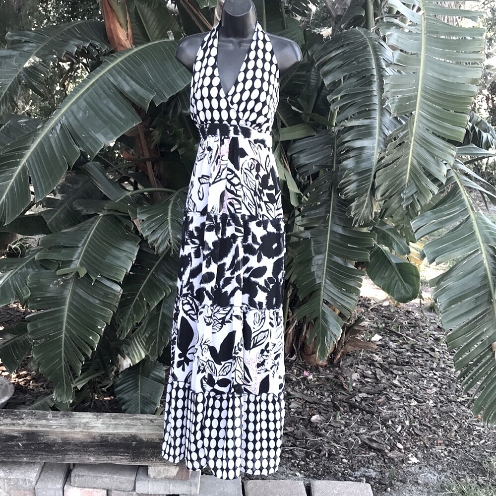 INC Polkadot patchwork tiered halter maxi
